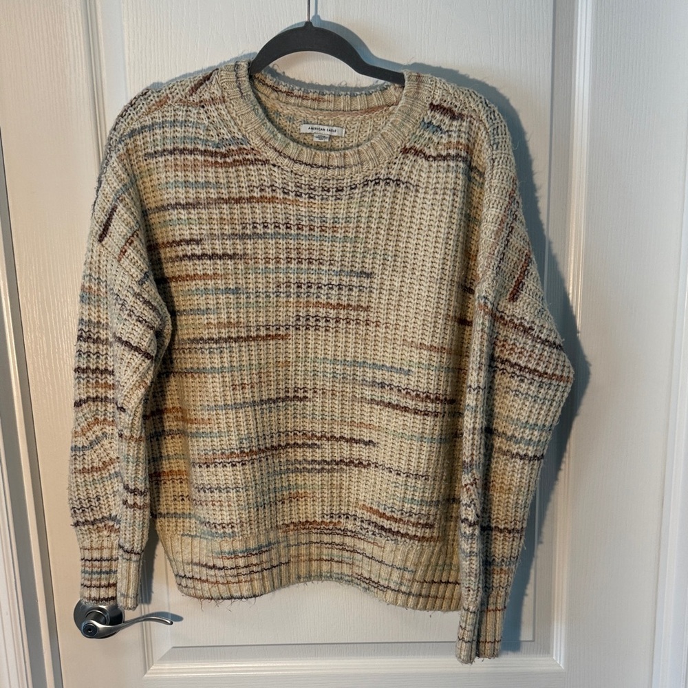 American Eagle Outfitters Beige Pink Blue Crewneck Knit Sweater Size S - Picture 1 of 4